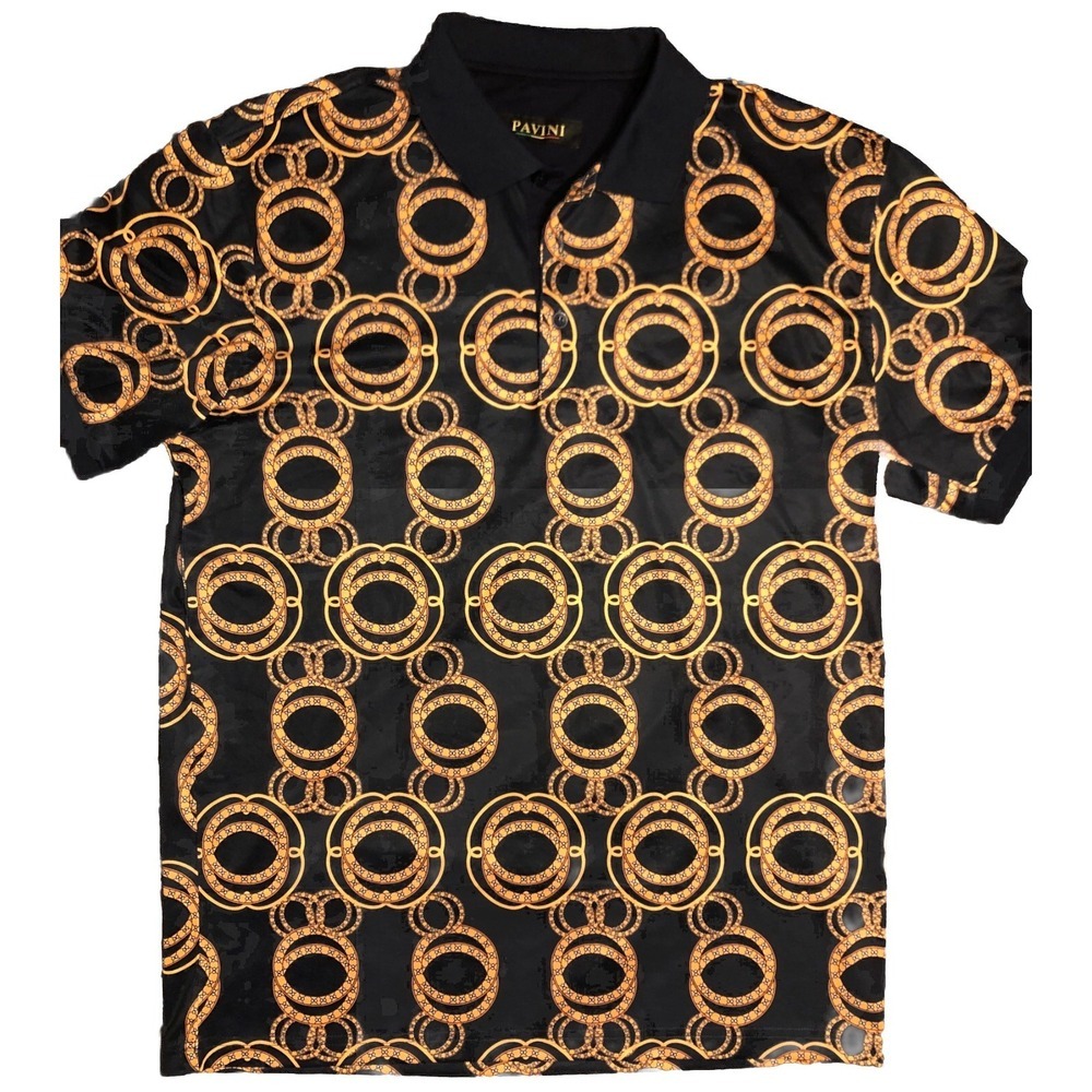 Pavini Polo Shirt Mens Size L-XL Black Gold Rings Circles Graphic Print - Picture 2 of 9